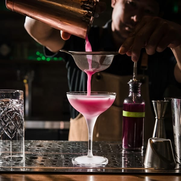 Bartender straining a vibrant pink cocktail from a copper shaker into a martini glass.